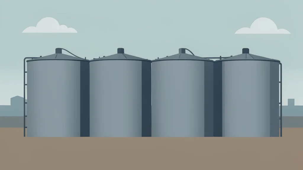 A row of large, cylindrical steel storage tanks standing in an open industrial landscape under a hazy sky