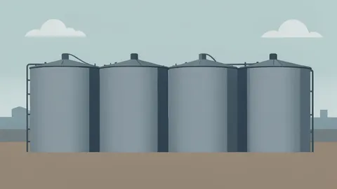A row of large, cylindrical steel storage tanks standing in an open industrial landscape under a hazy sky