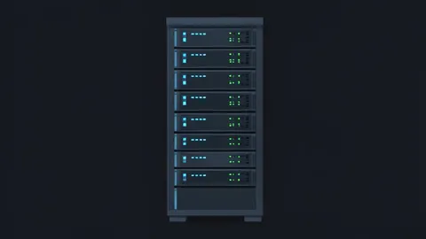 A server rack with blinking status lights in a dark data center