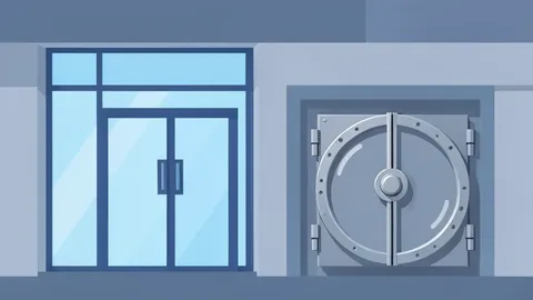 A bank branch facade with a glass entrance and a metal security vault door