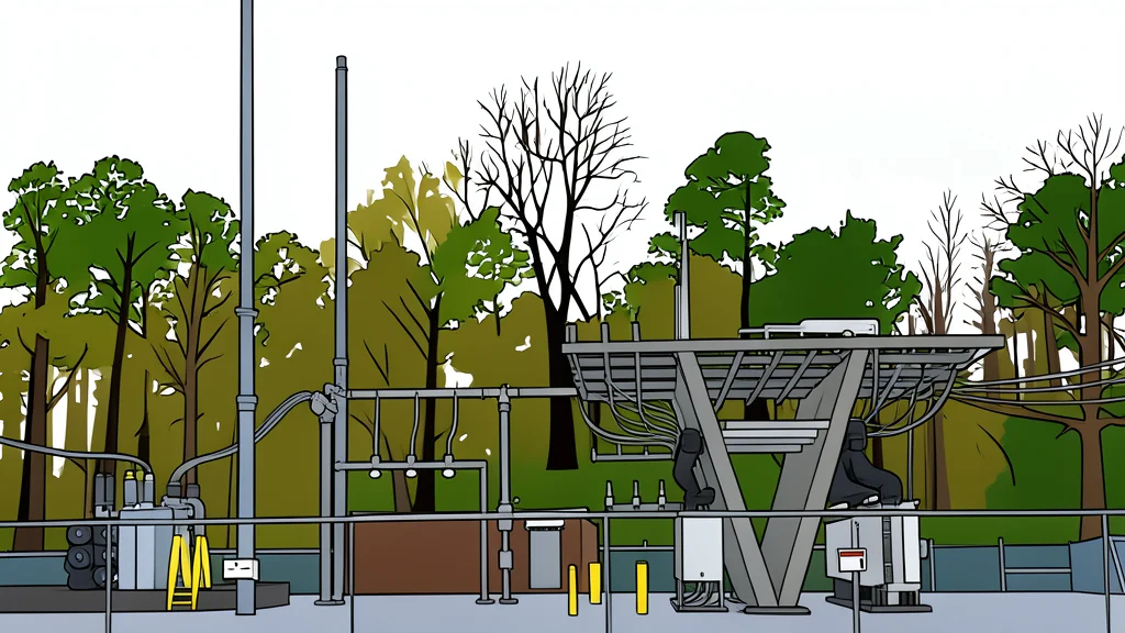 A large industrial data center building with rows of cooling towers and high-voltage power lines connecting to the structure