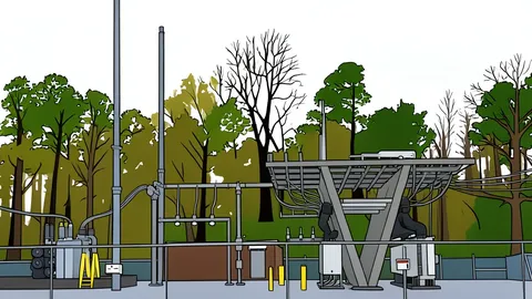 A large industrial data center building with rows of cooling towers and high-voltage power lines connecting to the structure