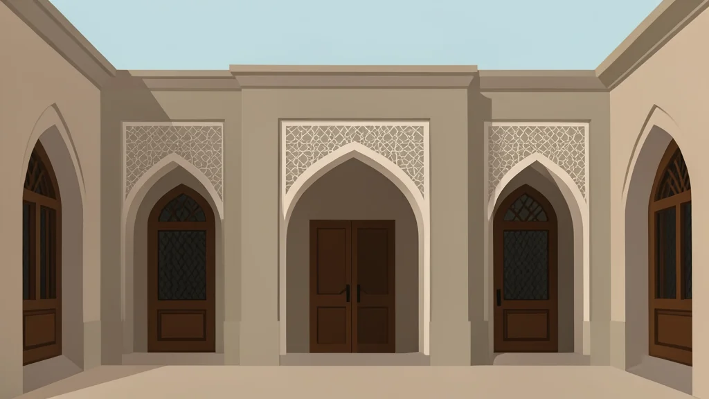 A traditional Qatari courtyard house with arched doorways and intricate geometric patterns