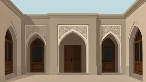 A traditional Qatari courtyard house with arched doorways and intricate geometric patterns
