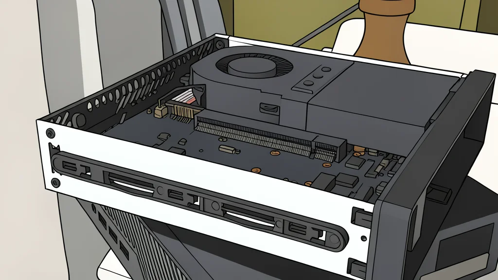 A flat vector illustration of a compact black mini computer with ventilation grilles sitting on a wooden desk next to a larger tower PC with a visible graphics card slot.
