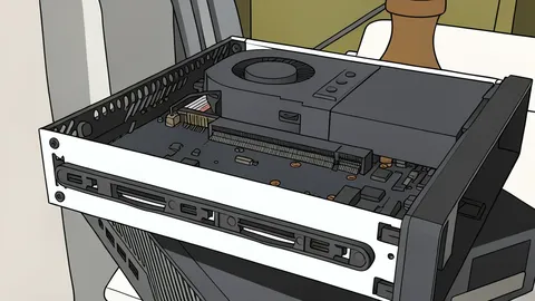 A flat vector illustration of a compact black mini computer with ventilation grilles sitting on a wooden desk next to a larger tower PC with a visible graphics card slot.