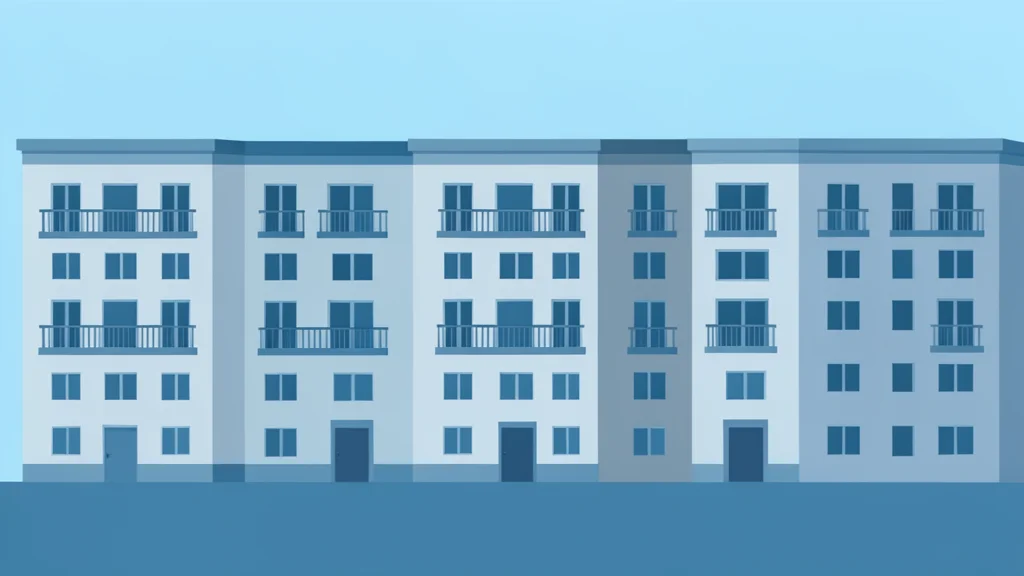 A row of multi-story residential apartment buildings with balconies
