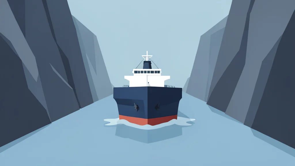 A large oil tanker ship moving through a narrow strait
