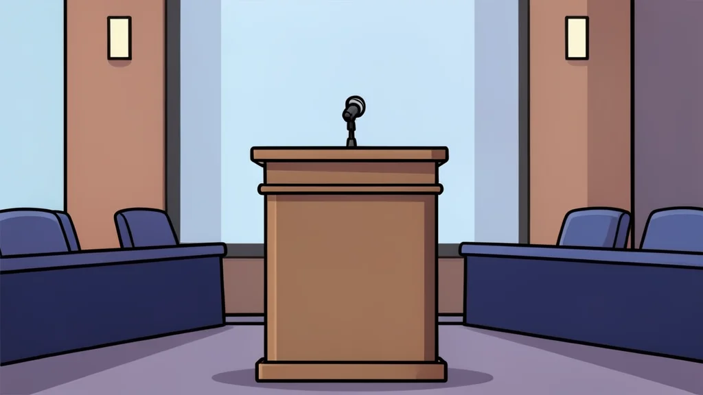 A minimalist vector illustration of a wooden podium with a microphone in a large, empty conference hall.
