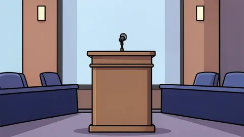 A minimalist vector illustration of a wooden podium with a microphone in a large, empty conference hall.