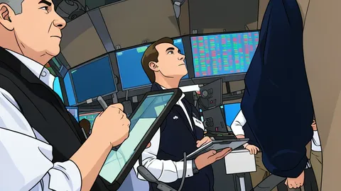 A flat vector illustration of a trading floor with rows of desks and monitors.