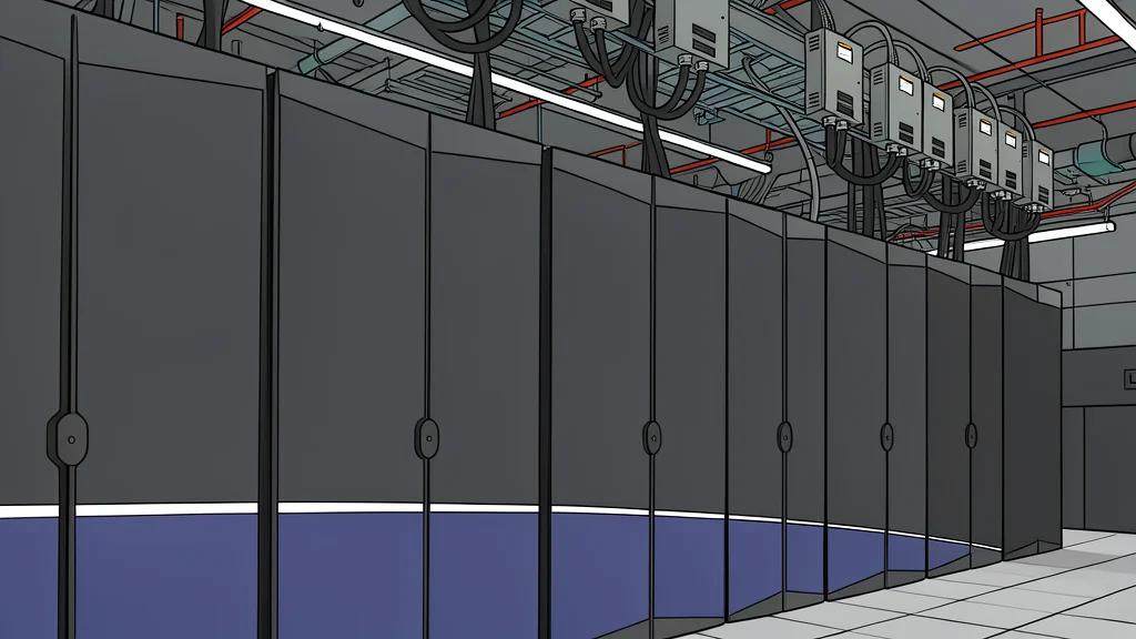 A high-voltage electrical substation with large transformers and transmission lines