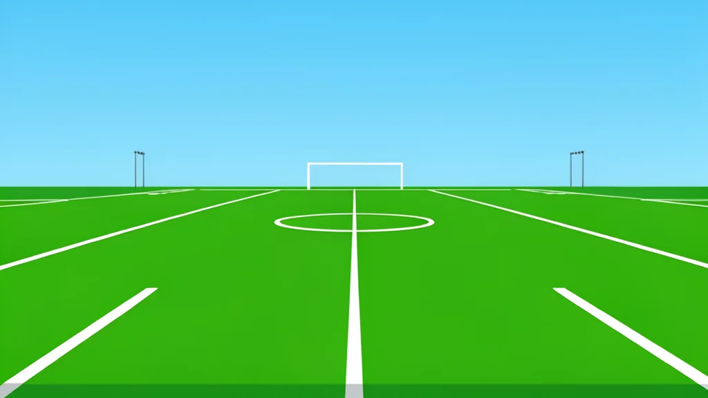 A green football field with white yard lines and goalposts in the distance