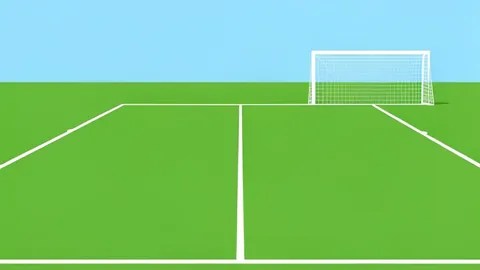 A flat-vector illustration of a green football pitch with white lines and a goal net in the background.