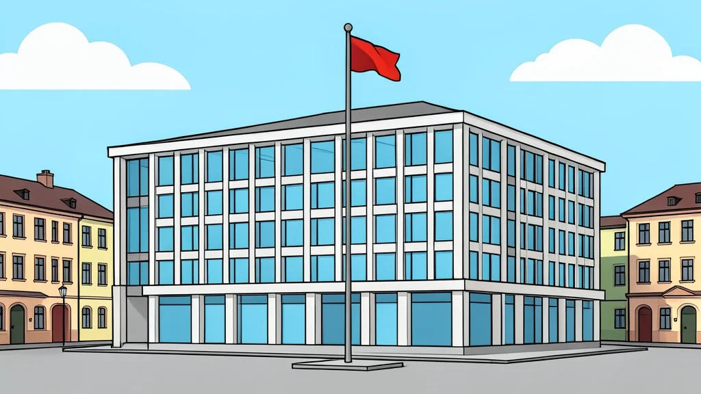 A modern administrative building with a grid of windows and a flagpole in a European city square.