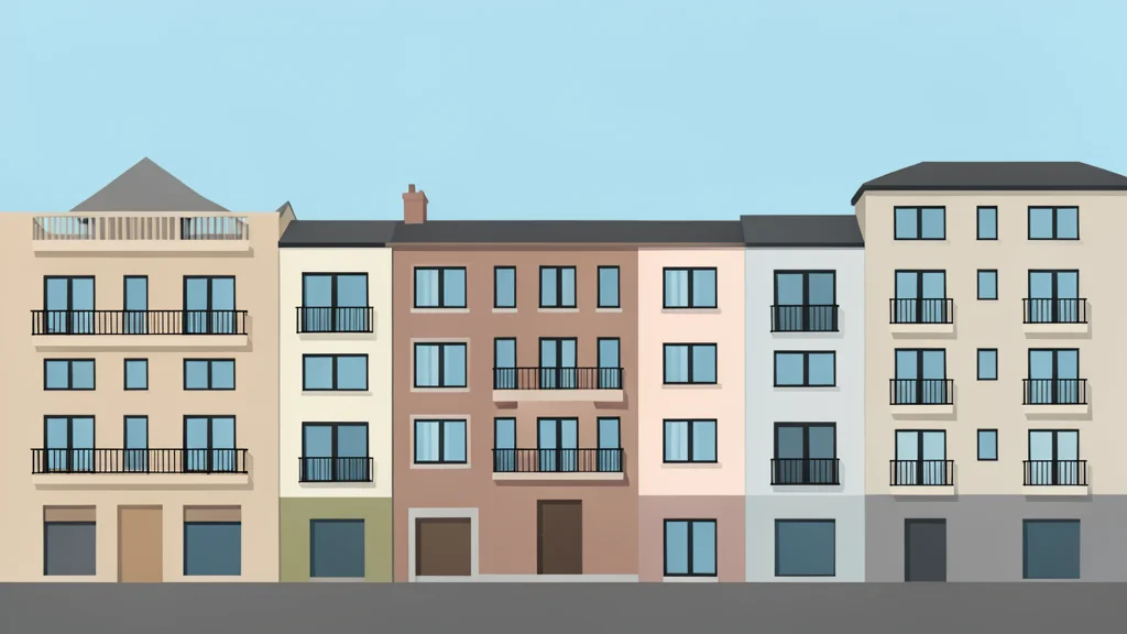 A row of multi-story apartment buildings with balconies and windows