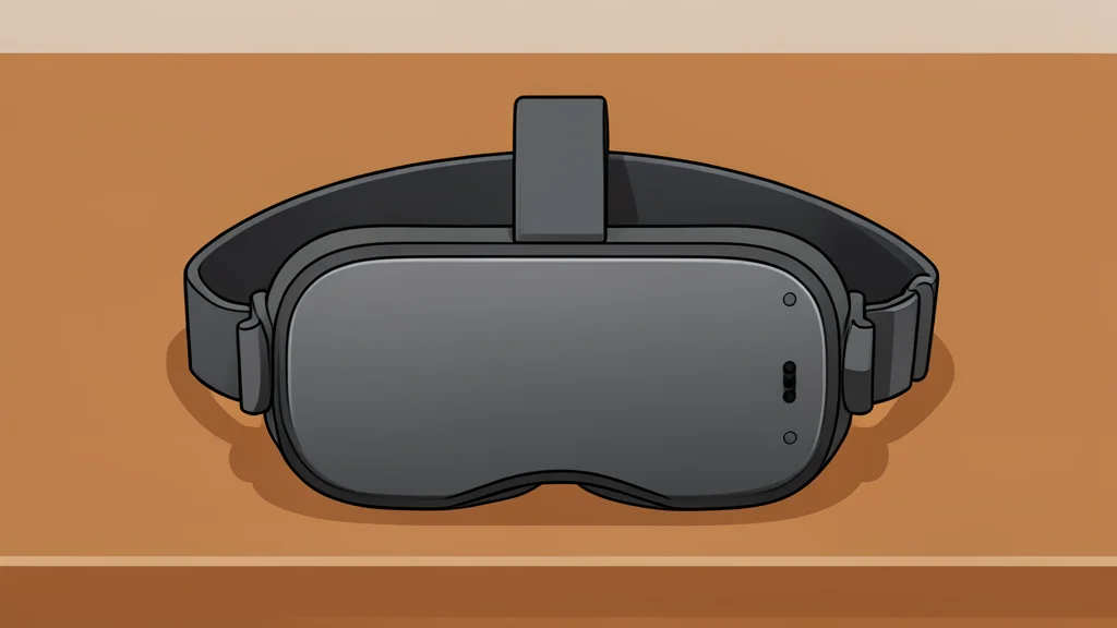 A virtual reality headset resting on a wooden desk next to a compact handheld gaming device