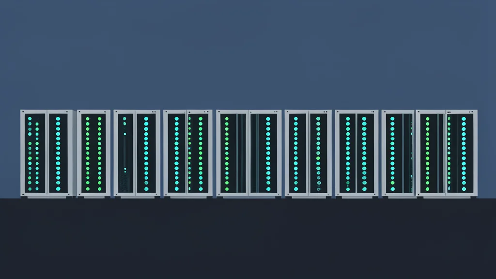 A row of industrial cryptocurrency mining rigs with glowing status lights
