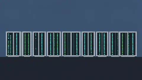 A row of industrial cryptocurrency mining rigs with glowing status lights