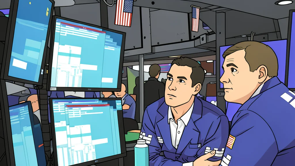 A flat-vector illustration of a trading floor with rows of empty desks and monitors.