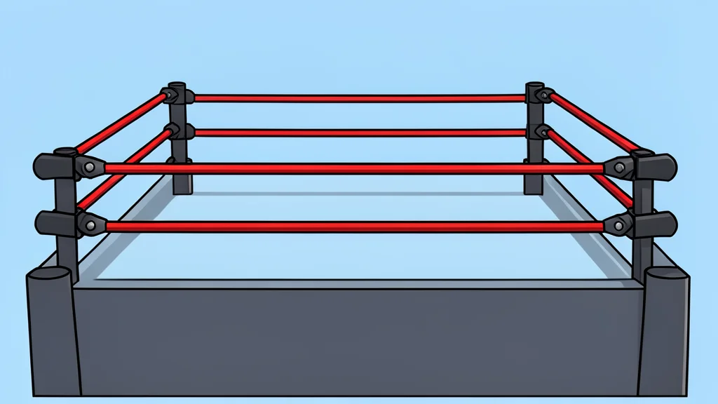 A professional wrestling ring with red ropes and turnbuckles under bright arena lights.