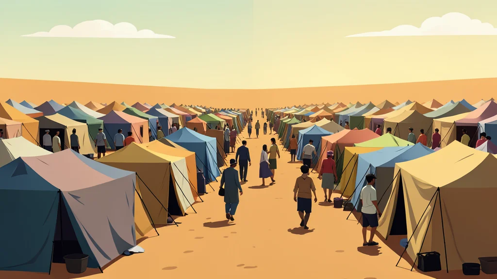 A flat-vector illustration of a crowded displacement camp with rows of makeshift tents under a harsh sun.