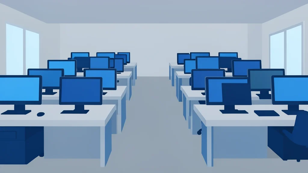 A flat vector illustration of a trading floor with rows of desks and monitors