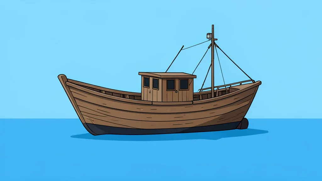A small, weathered wooden fishing boat floating on calm blue water