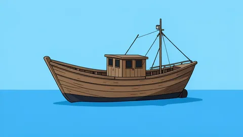 A small, weathered wooden fishing boat floating on calm blue water