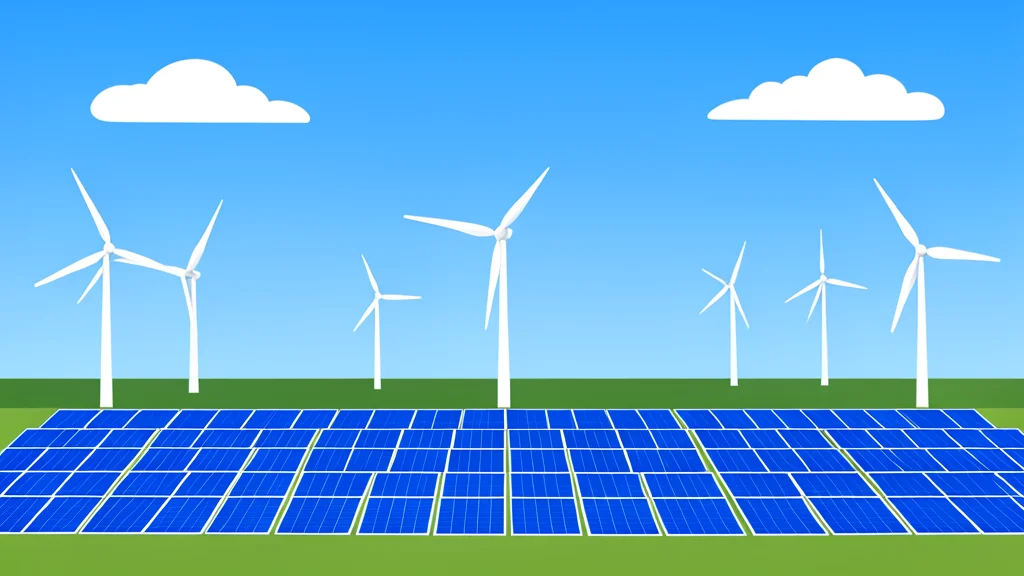 A field of solar panels and wind turbines under a clear sky