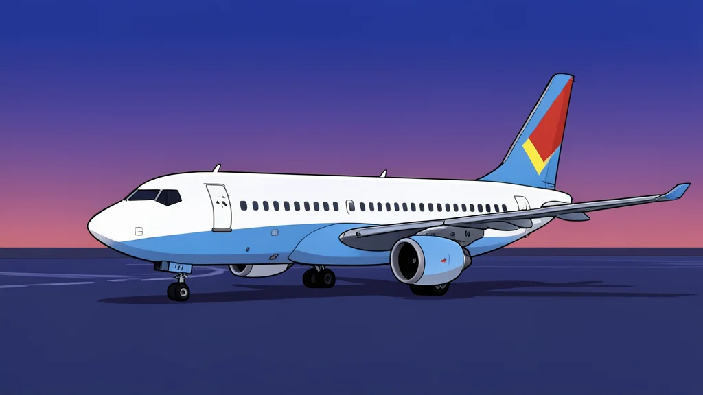 A chartered passenger airplane parked on an airport tarmac at dusk.