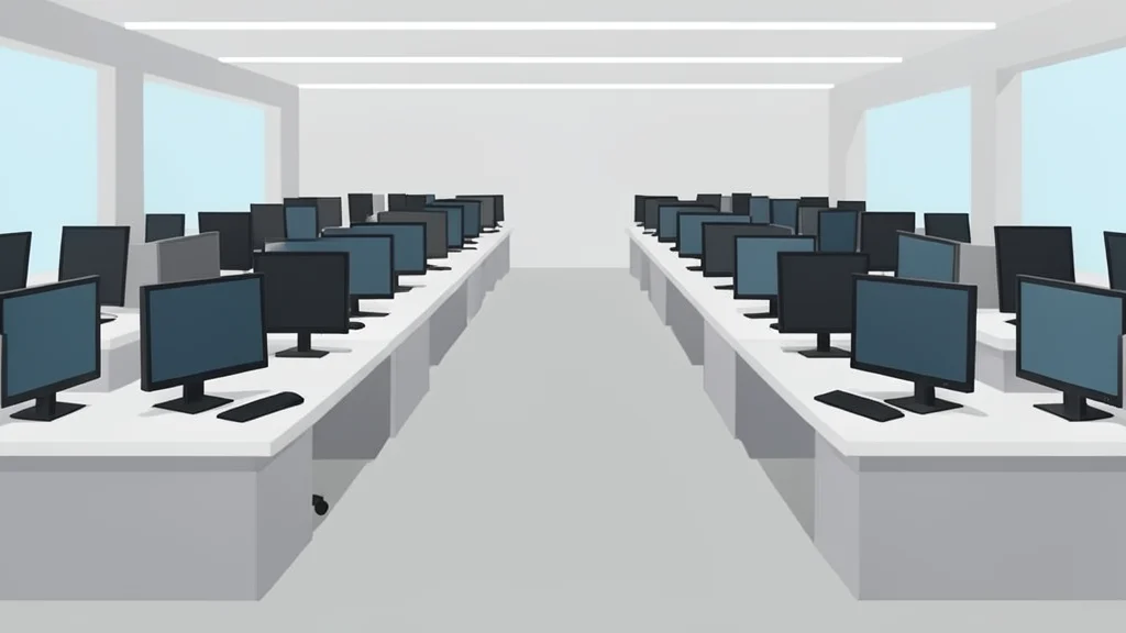 A flat vector illustration of a modern trading floor with rows of empty desks and monitors.
