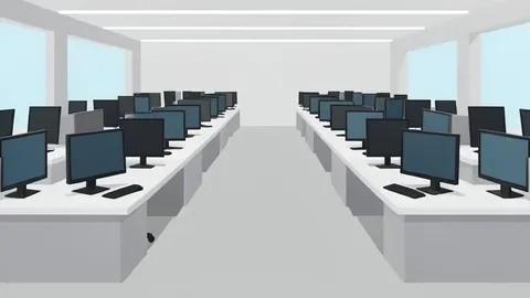 A flat vector illustration of a modern trading floor with rows of empty desks and monitors.