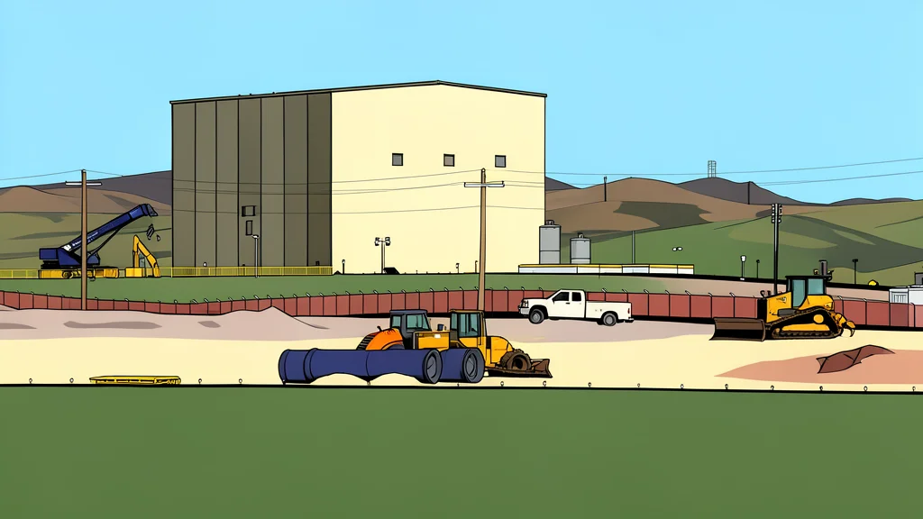 A large industrial construction site with heavy machinery and steel frameworks.