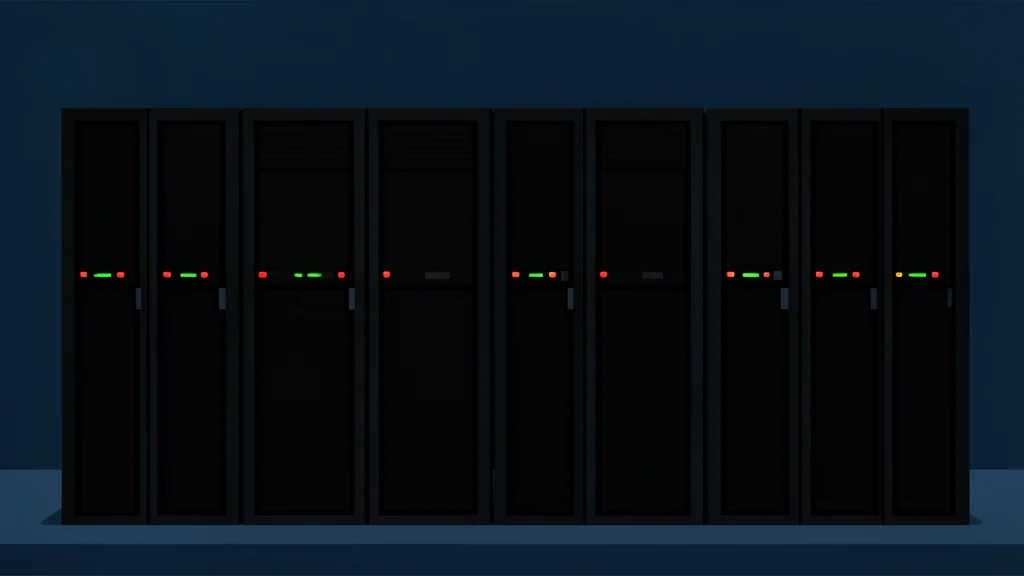 A row of black server racks with blinking status lights in a dimly lit data center