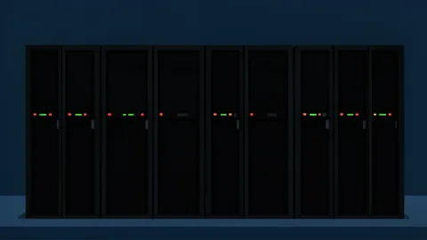 A row of black server racks with blinking status lights in a dimly lit data center
