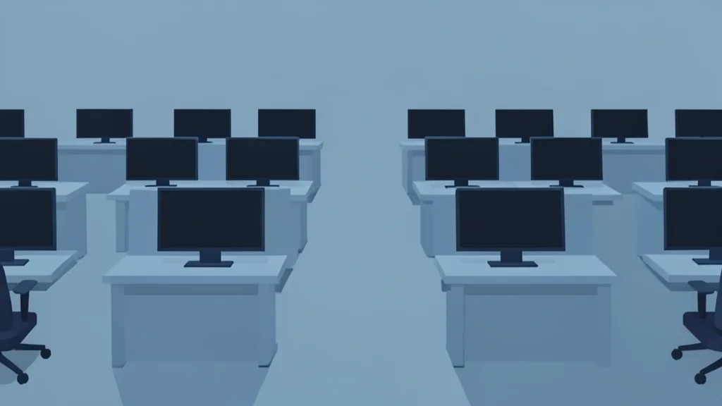 A flat vector illustration of a trading floor with rows of empty desks and dark monitors.