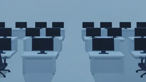A flat vector illustration of a trading floor with rows of empty desks and dark monitors.