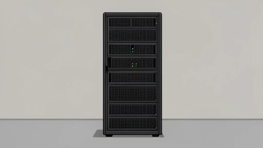 A flat vector illustration of rows of server racks in a data center, emphasizing structured infrastructure and secure storage.