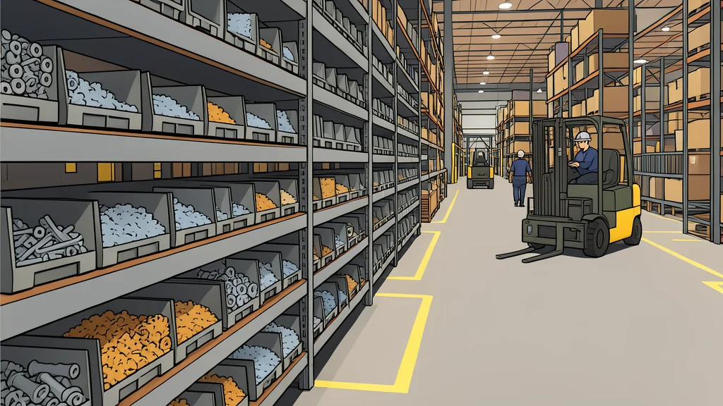 A flat vector illustration of a large industrial warehouse interior featuring tall metal shelving units stocked with organized boxes of hardware and fasteners.