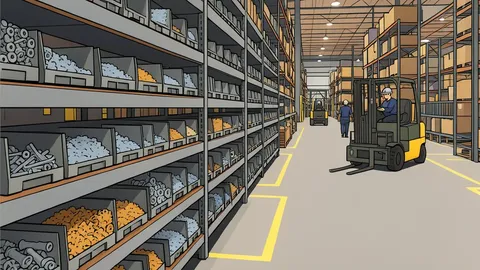 A flat vector illustration of a large industrial warehouse interior featuring tall metal shelving units stocked with organized boxes of hardware and fasteners.
