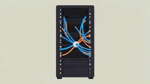 A stylized server rack with colorful network cables connecting to a central hub
