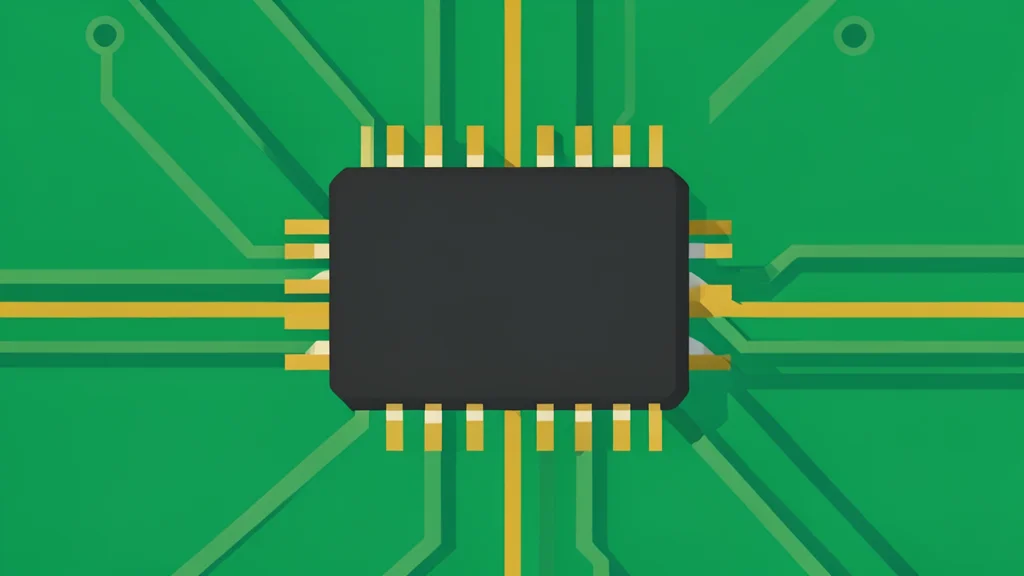 A close-up vector illustration of a black silicon microchip with gold contact pins resting on a green circuit board.