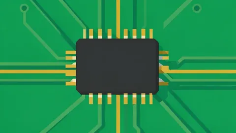 A close-up vector illustration of a black silicon microchip with gold contact pins resting on a green circuit board.