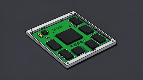A solid-state drive module with a green circuit board and black memory chips resting on a wooden desk surface