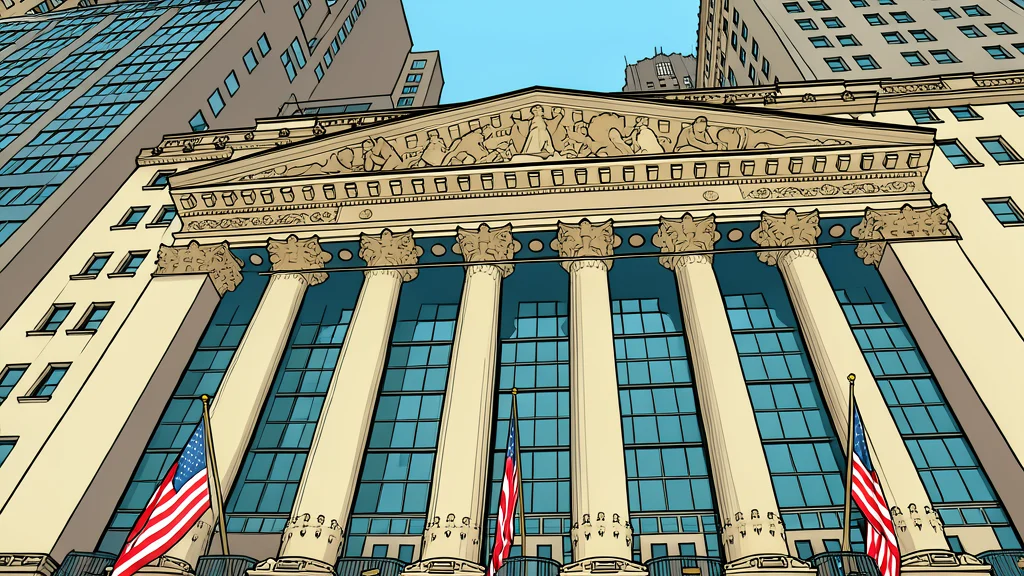 A flat vector illustration of a trading floor with rows of desks and monitors