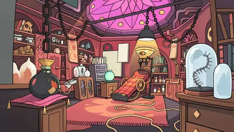 A surreal 18th-century doctor's laboratory interior featuring a stained-glass dome, wooden shelves filled with curiosities, and a pink color palette