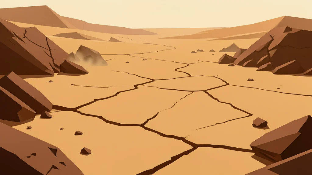 A dusty, sun-baked landscape with cracked earth and scattered debris, representing the arid terrain of the conflict zone.