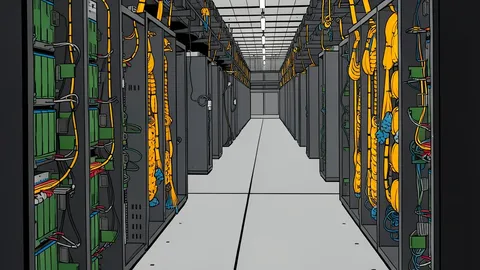 A large industrial data center building with rows of cooling towers and ventilation units