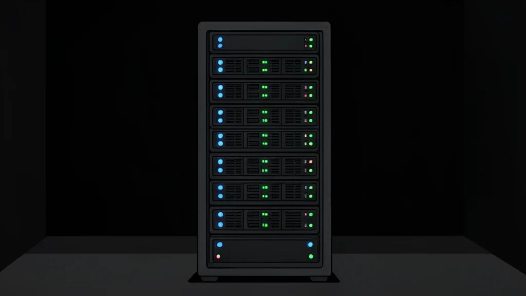 A server rack with blinking status lights in a dimly lit data center room